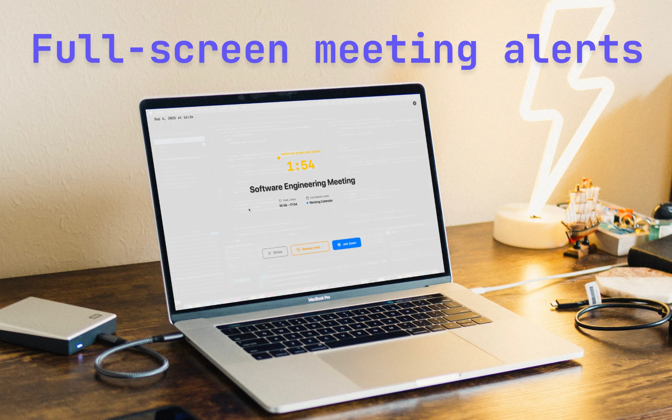 TimelyMeet full-screen alert on MacBook