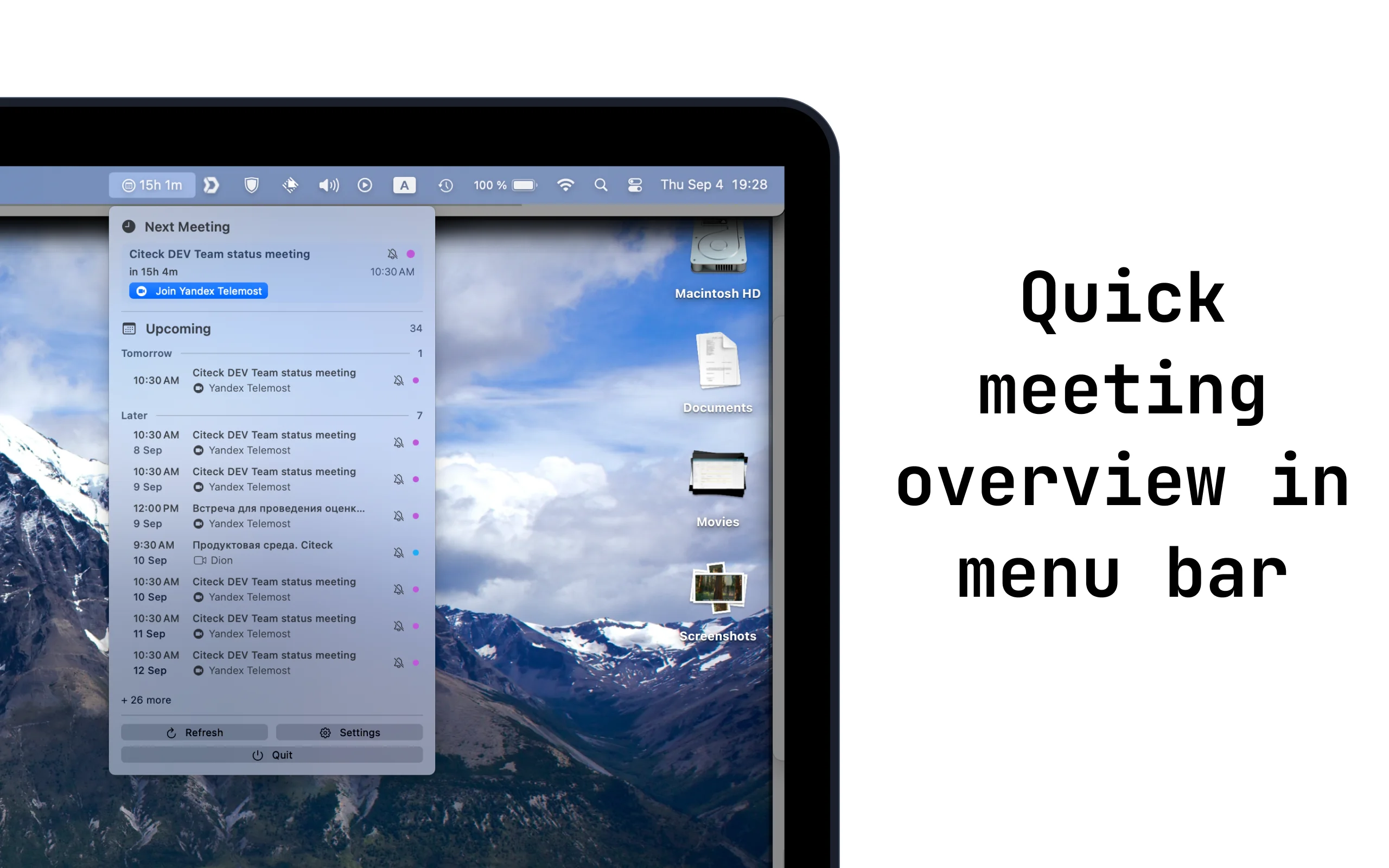 Menu bar calendar overview